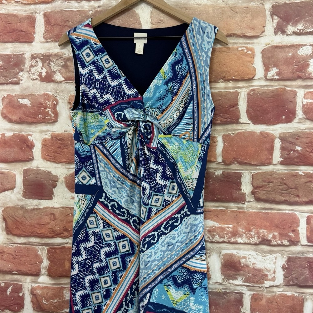 Chicos Maxi Dress Womens M Multicolor Boho Abstract Stretchy Twist Neck Sundress - Picture 4 of 9